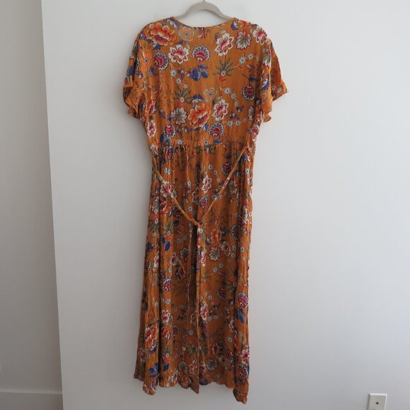 PATRONS OF PEACE Floral Crepe Faux Wrap Maxi Dress in Burnt Orange Boho Size L - Picture 11 of 16
